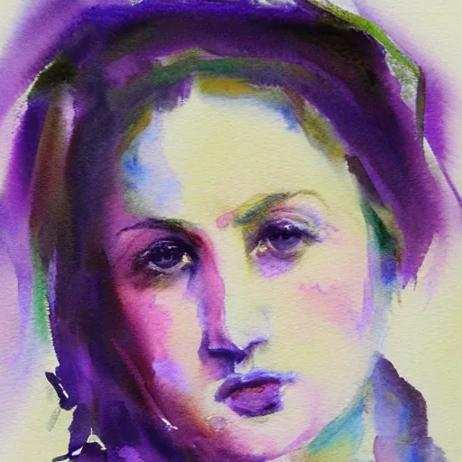 Image similar to molly sanden, watercolor, in the style of claude monet, beautiful face, award winning, hd, 4 k, purple, blue