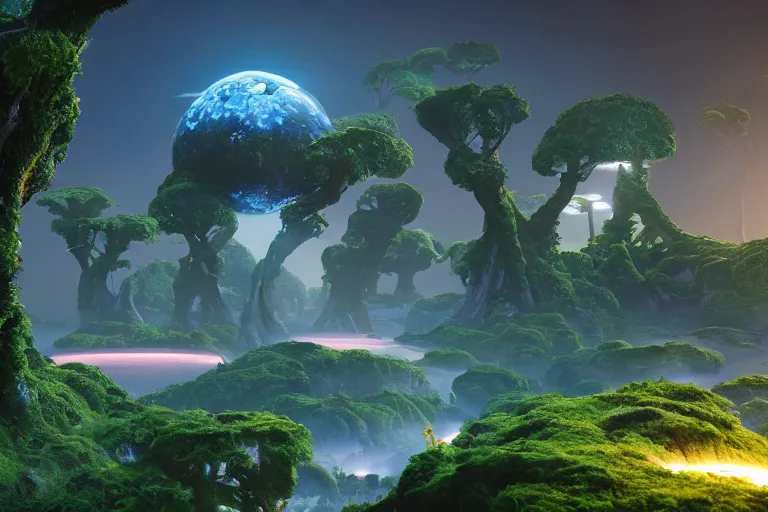 Image similar to floating islands connected with roots, avatar like landscape, high - tech space cult with trees and plants and alien flowers, dramatic lighting, epic, octane render, volumetric light, unreal engine, artbreeder, 8 k, background, scene, digital, artwork, high quality, 8 k