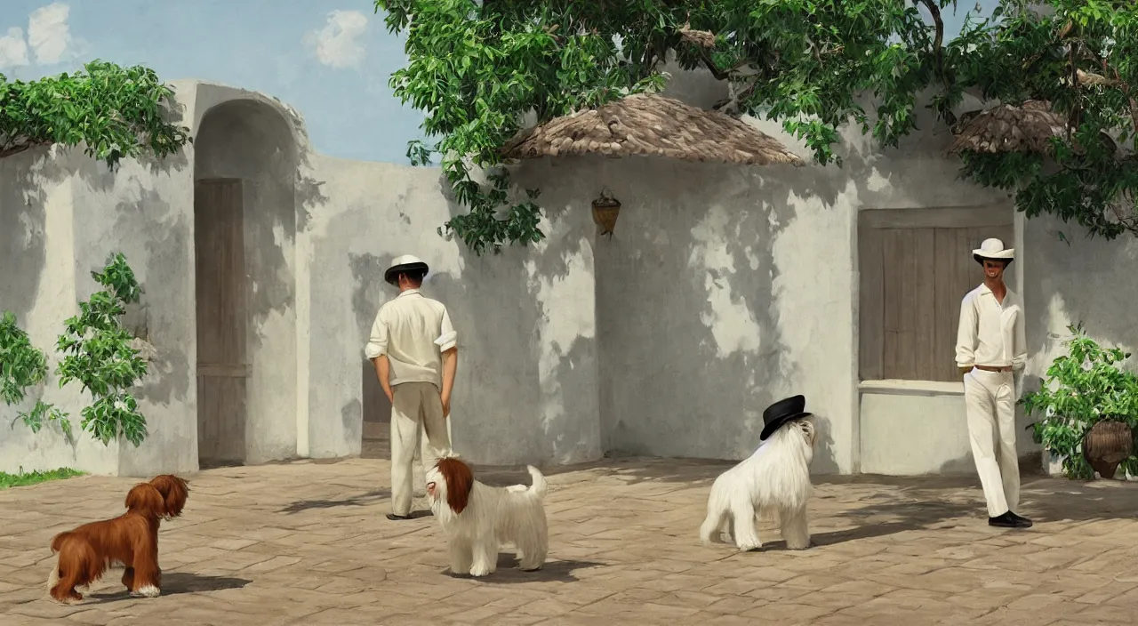 Prompt: a young man wearing a canotier cuban hat, crisp white linen shirt and slacks, leather boots, speaking to a large cream - colored havanese dog, outside a hacienda in cuba, 1 9 0 0, tartakovsky, atey ghailan, goro fujita, studio ghibli, rim light, mid morning lighting, clear focus, very coherent