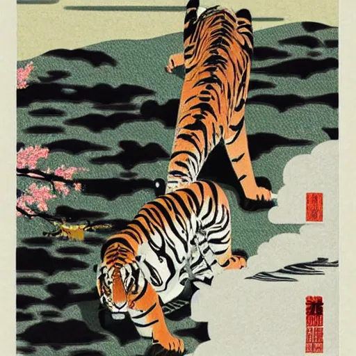 Image similar to a delorean protecting a tiger, japanese magazine collage, art by hsiao - ron cheng and utagawa kunisada