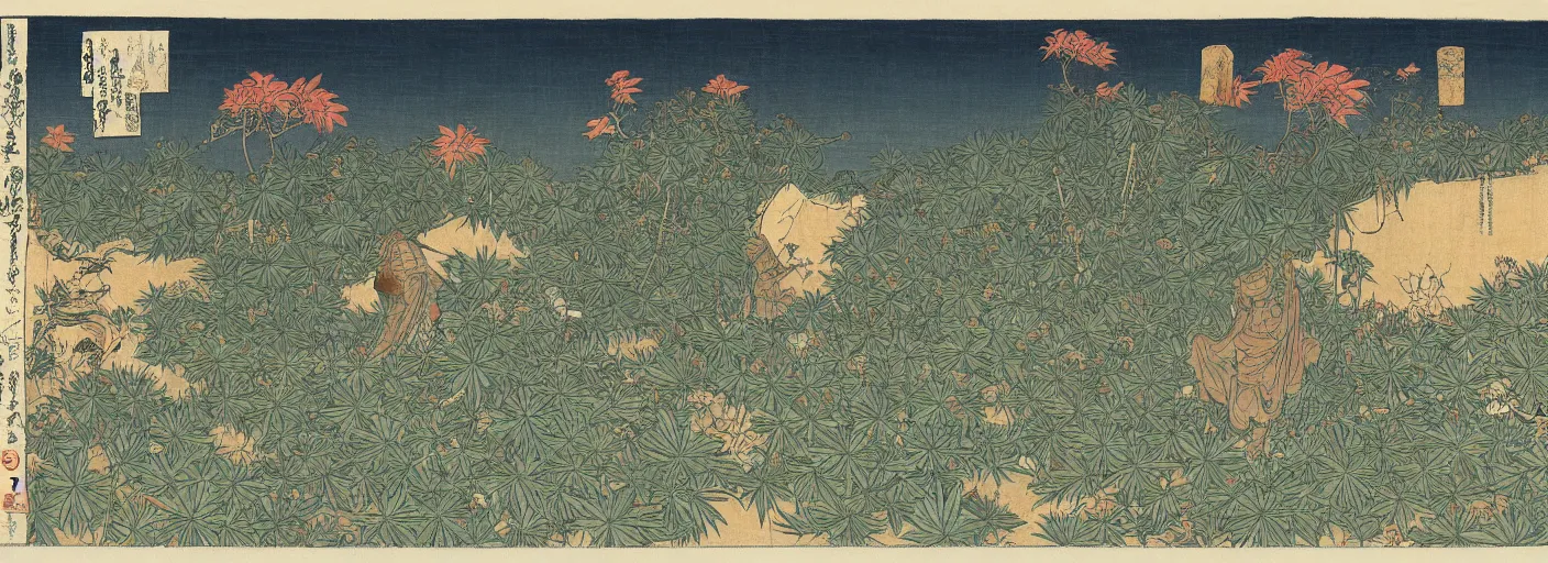 Image similar to full armored knight sitting in a huge field of cannabis plants, katsushika hokusai, high details, colorful, atmospheric light