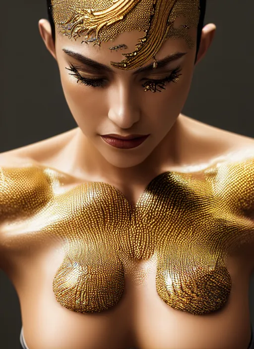 Image similar to photo of a woman with gleaming metallic gold dragon scales for skin in the style of stefan kostic, realistic, full body shot in bikini, sharp focus, 8 k high definition, piercings, insanely detailed, intricate, elegant, art by stanley lau and artgerm, extreme bokeh foliage