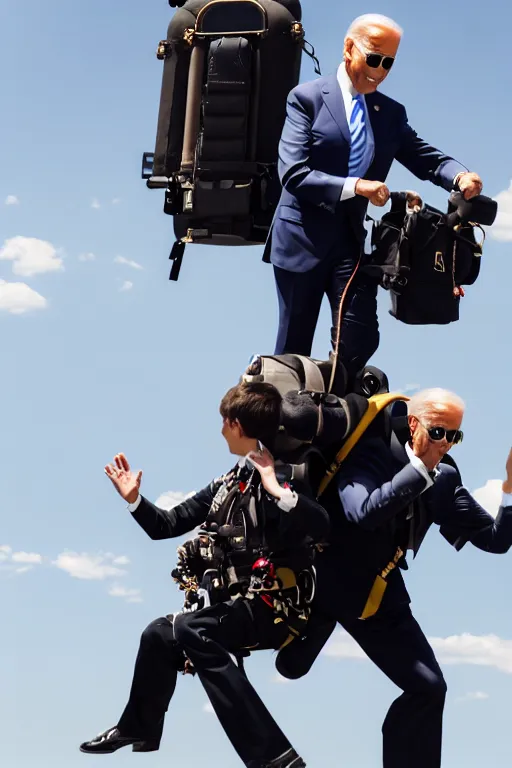 Image similar to joe biden flying with jet pack, high resolution, photorealistic, cinematic, smooth, 4 k, aesthetic lighting, baroque object, sharp focus, hyperdetailed, featured face details, tumblr trending, with small object details, professional photography work and winning pullitzer winning photo by : canon eos 5 d mark iv, by karah mew and adnan abidi and jodie bateman