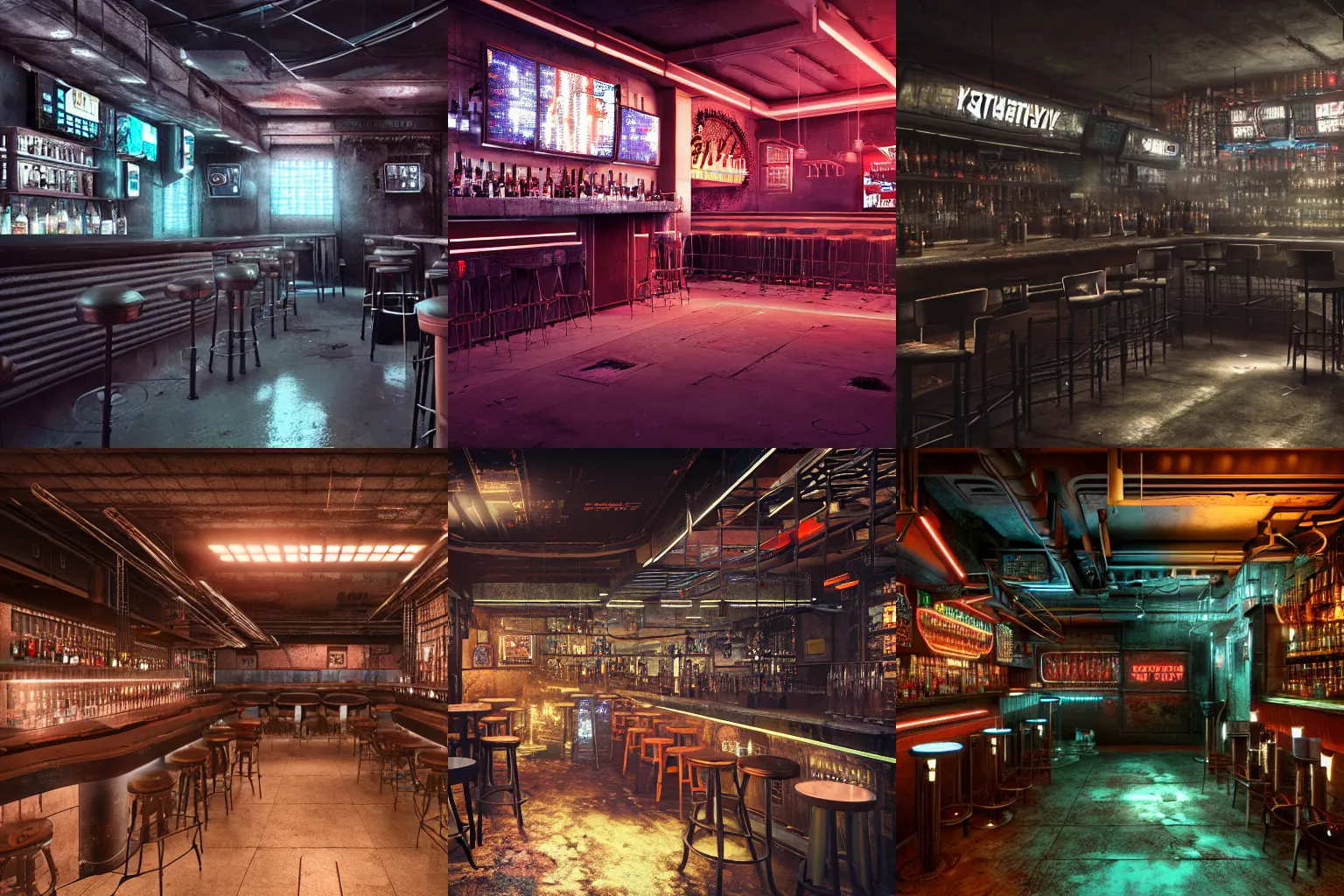 Prompt: gritty cyberpunk bar with no people in it. hyperrealism photorealistic photography hyper real resolution cinematic, Beautiful, Vray, Octane Render