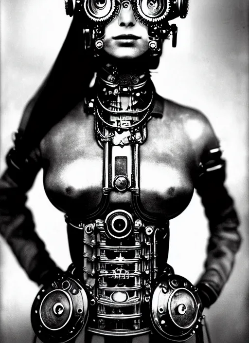 Image similar to photography of beautyful female android steampunk by sebastiao salgado,