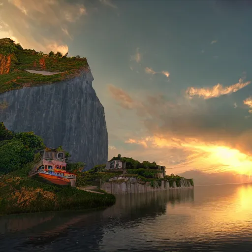 Image similar to a fishing village in a lake with cliffs covered with clouds, golden hour colors and light, epic perspective, wide angle lens, insane graphics unreal engine