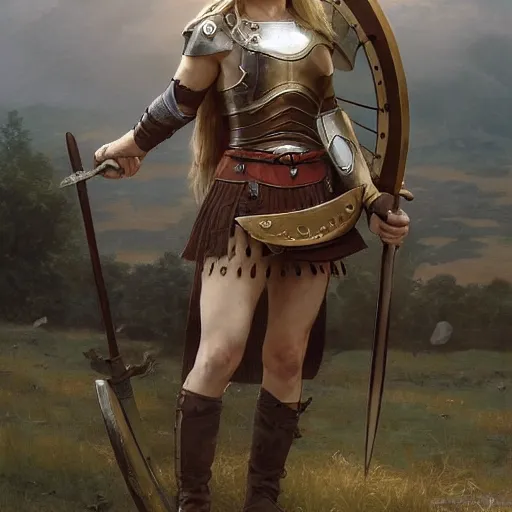 Image similar to A full view image of a viking shield maiden, with a spear and shield, at golden hour by Ruan Jia and Mandy Jurgens and Artgerm and william adolphe bouguereau, highly detailed, trending on artstation, award winning, H 768