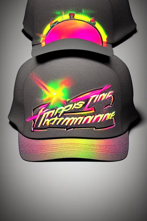 Image similar to photo of a baseball cap, band merchandise, bandname is tripmachine, tourname is invasion of the tripmachines, realistic digital art, printed with a 3 d render of a huge futuristic steampunk generator, 8 k, fluorescent colors, halluzinogenic, multicolored, exaggerated detailed, unreal engine