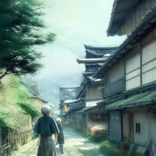 Image similar to walking around rural shirakawa - go, gifu, japan. volumetric lighting, spring late morning, nice slight overcast weather, realistic illustration, perfectly shaded, soft painting, low angle, art by krenz cushart and wenjun lin