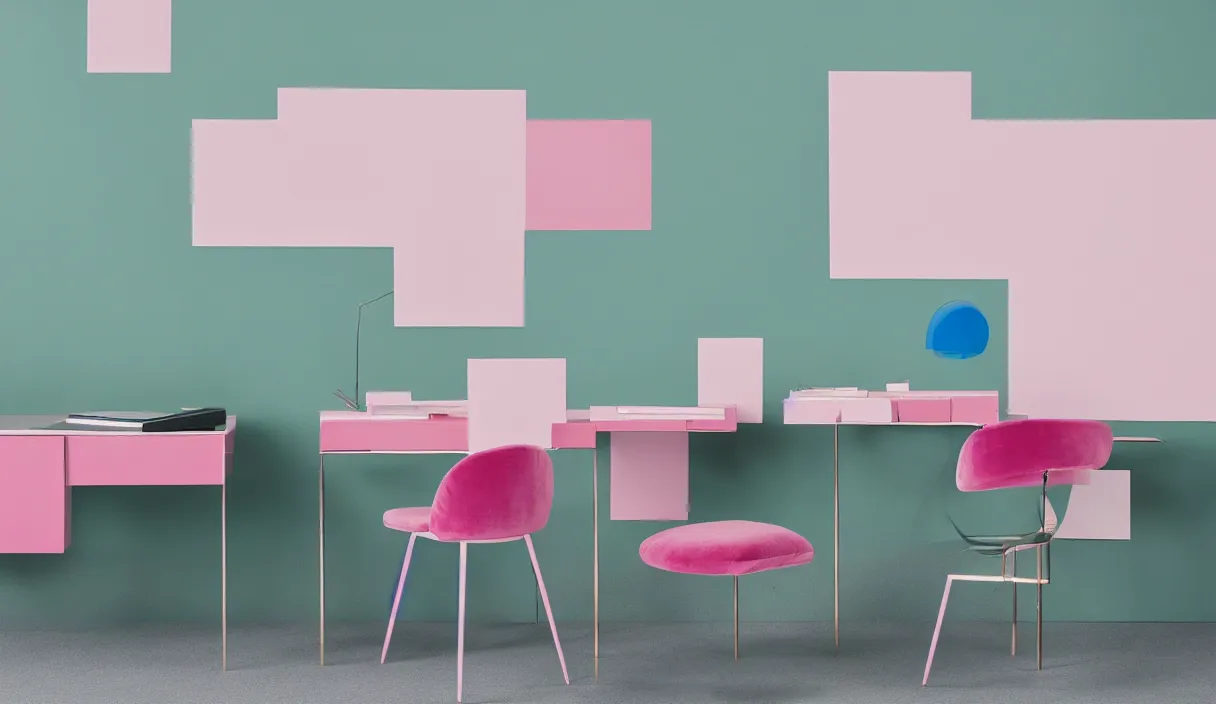 Prompt: a minimal 7 0 s prisunic catalog with the indoor office of severance series ( 2 0 2 2 ), in color, all furniture in pink velvet, soft clear green, blue navy and metal