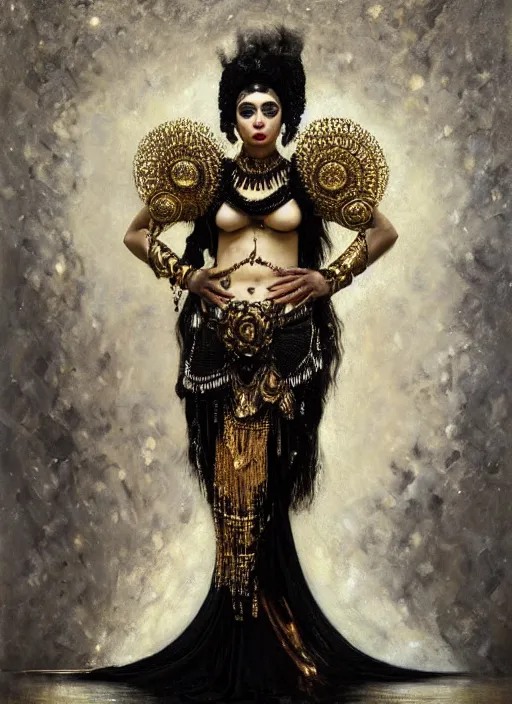 Prompt: highly detailed oil painting | very intricate | cinematic lighting | black, white and gold color scheme, dark background | tribalfusion bellydancer fully dressed by alexander mcqueen | by roberto ferri, by tom bagshaw, by singer sargent and klimt, american romanticism, occult art | by austin osman spare, artstation, cgsociety, official art, octane