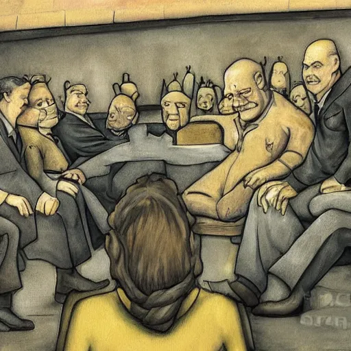 Prompt: shrek at nuremberg trials. court painting