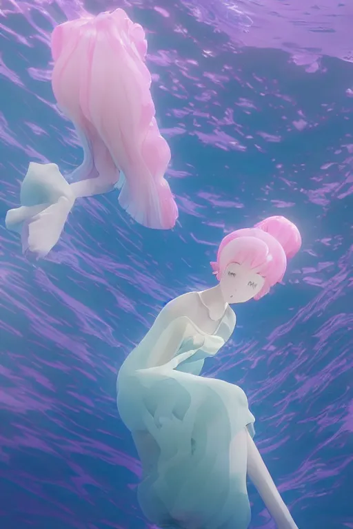 Prompt: 3D CG anime Land of the Lustrous Houseki no Kuni character Ventricosus translucent very light pink jelly woman with thick chest size and pink transparent bouffont dress frills standing at the bottom of the ocean near the surface, sun rays shine through the water, facing the camera, beautiful composition, 3D render, cel shaded, 8k, key visual, made by Haruko Ichikawa, Makoto Shinkai, studio Ghibli, Kyoto Animation