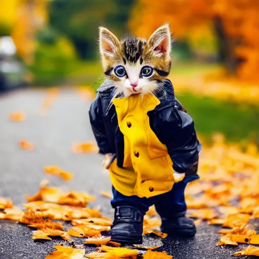 Image similar to anthropomorphic cute kitten wearing a yellow raincoat and yellow boots getting off the schoolbus on the first day of kindergarten, with colorful fall leaves and light rain, critical moment photograph