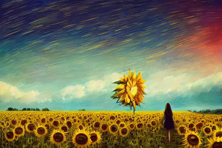 Image similar to giant sunflower as a head, girl walking in wheat field, hills, surreal photography, dark night, star trails, dramatic light, impressionist painting, clouds, digital painting, artstation, simon stalenhag