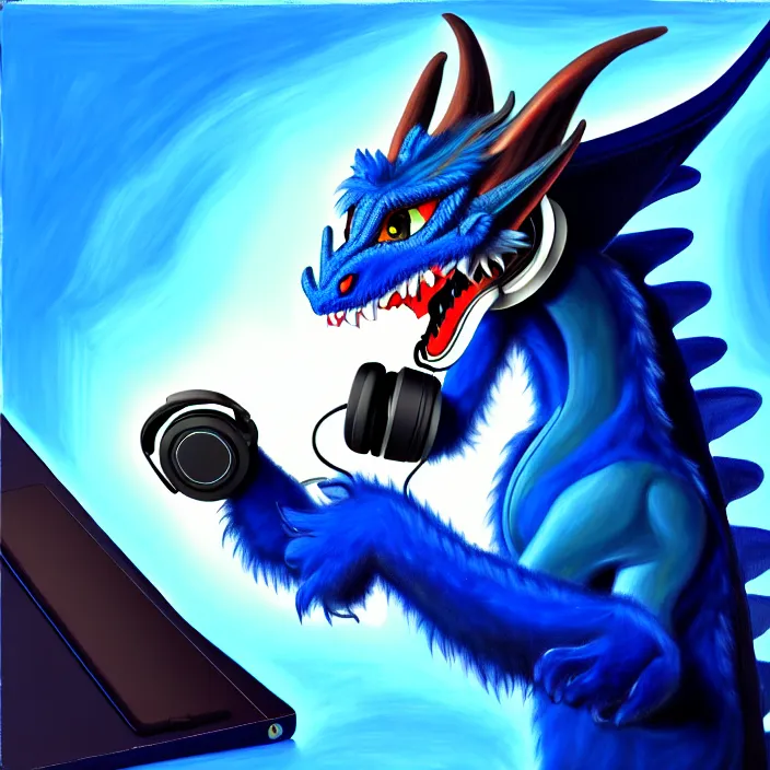 Image similar to a photorealistic painting of an anthropomorphic blue western dragon wearing headphones, laptop, oil on canvas, furry, soft lighting