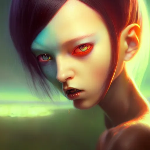 Image similar to insect - like alien - girl by tom bagshaw, green eyes and long black hair by ilya kuvshinov, rtx reflections, octane render 1 2 8 k, extreme high intricate details by wlop, digital anime art by ross tran, wide shot, close up shot, composition by sana takeda, dramatic lighting by greg rutkowski