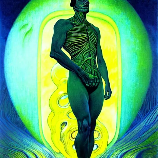 Image similar to realistic extremely detailed portrait painting of a glowing male silhouette, futuristic sci-fi landscape on background by Jean Delville, Amano, Yves Tanguy, Alphonse Mucha, Ernst Haeckel, Edward Robert Hughes, Roger Dean, rich moody colours, blue eyes