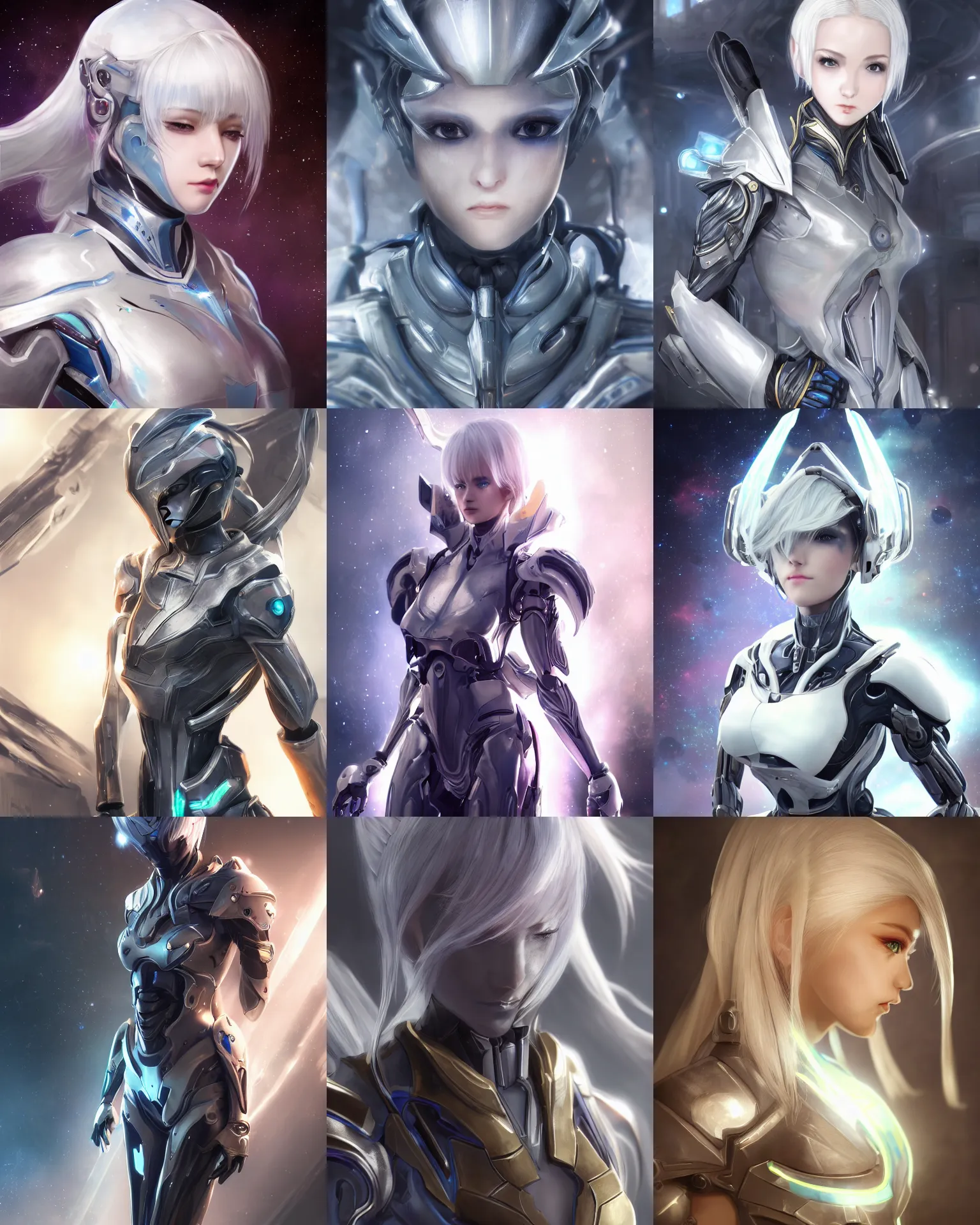 Prompt: photo of a android girl, warframe armor, beautiful face, scifi, attractive, masterpiece, xianxia, galaxy, raytracing, dreamy, focused, sparks of light, medium white hair, blue cyborg eyes, unique, 8 k high definition, insanely detailed, intricate, innocent, art by akihiko yoshida, akihito tsukushi