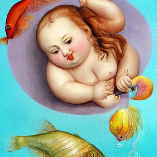 Prompt: a very funny stylize oil painting in renaissance style of a sweet little fat girl kissing a huge colorful cute fish. red mouth, blue eyes. flowery dress. hyper realistic scene. 3 d, octane render, deep focus, white scene. very funny and sweet image. unreal engine. watercolor. fellini style. poster quality. da vinci painting style. pencil illustration.