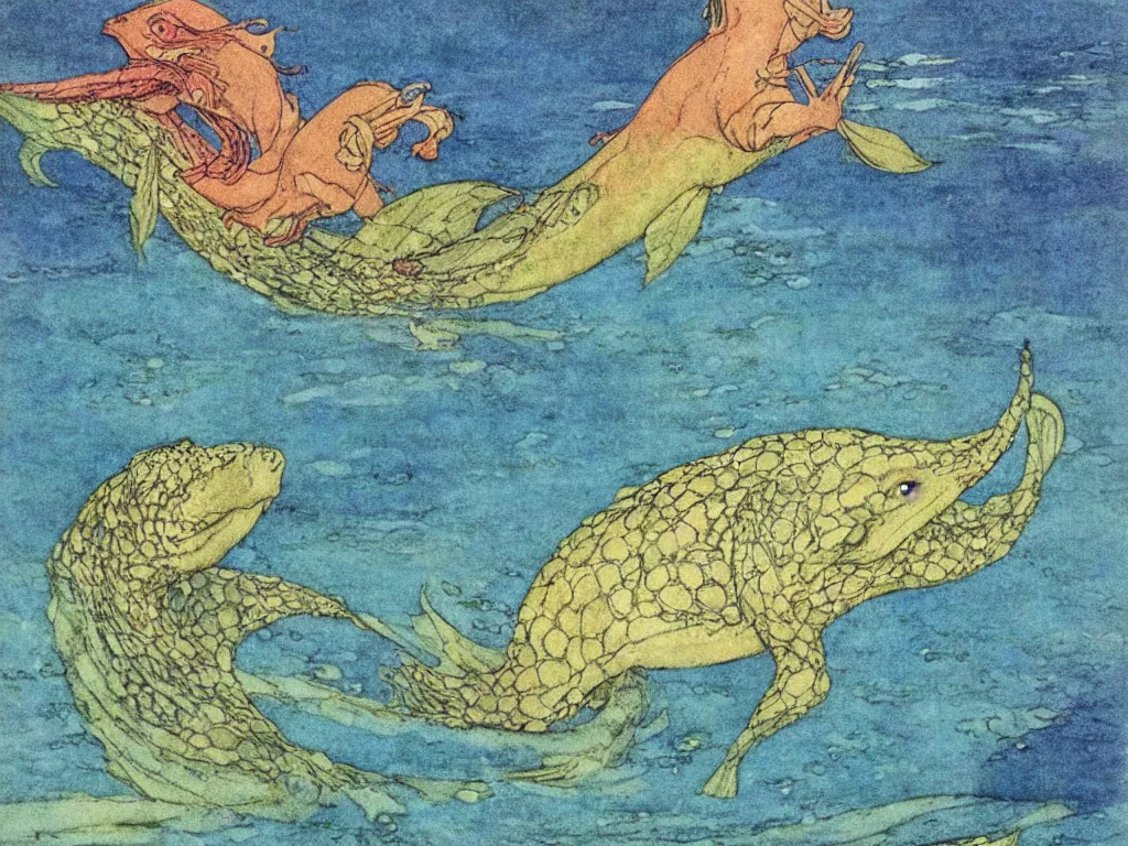 Image similar to an extremely colorful depiction of a hippocampus in the sea, from a book of fairy tales illustrated by edmund dulac