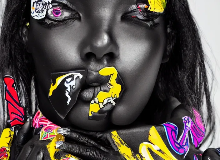 Image similar to black marble statue of a beautiful woman with colorful motocross logos in the style of virgil abloh, very very beautiful, detailed, off white, heron preston, 8 k, 4 k, detailed, beautiful, symmetrical, vogue, editorial, fashion, magazine, model