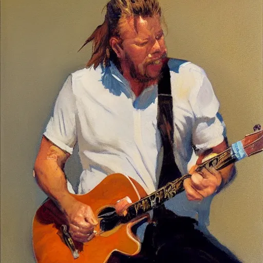 Image similar to a portrait of james hetfield playing guitar, by gregory manchess and stanley lau