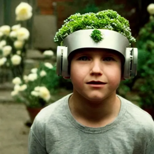 Prompt: movie still of a boy with a cyborg plants flowers helmet, cinematic composition, cinematic light, by edgar wright and david lynch