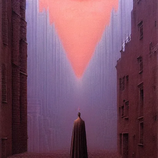 Image similar to a giant priest stands over a city painting by beksinski, barlowe colors. masterpiece painting