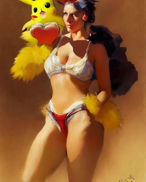 Image similar to pikachu woman painting by gaston bussiere, craig mullins, j. c. leyendecker