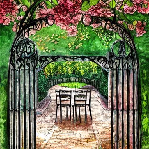 Image similar to delicate rain, symmetric, chairs, garden, paved, botanic watercolors, iridescent, 8 k, realistic shaded, fine details, artstation, italian, iron gate, tree, mediterranean, marvelous