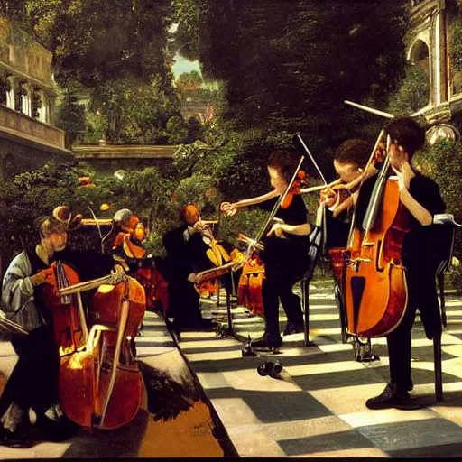 Prompt: oil painting of an orchestra playing at an italian plaza, hanging gardens, renaissance, art by caravaggio, greg staples, mark zug