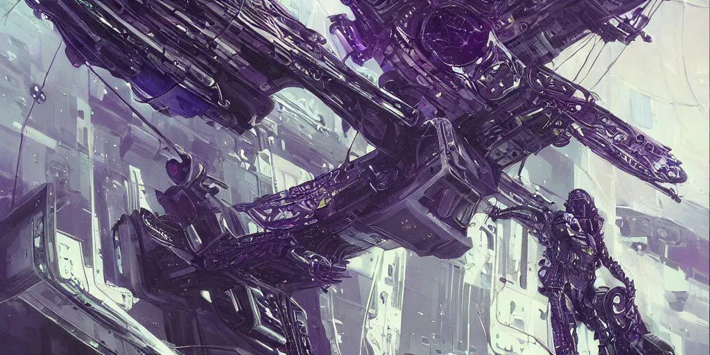 Image similar to spaceship in space, sci-fi, cyberpunk, by Stanley Artgerm, Travis Charest, Carne Griffiths, sleek, futuristic, alien, white, blue, purple, trending on artstation, detailed, intricate, steampunk