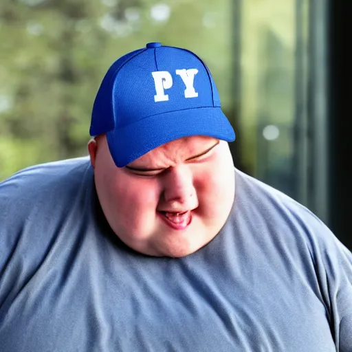 Prompt: crying hard obese man wearing a blue cap with a P on it