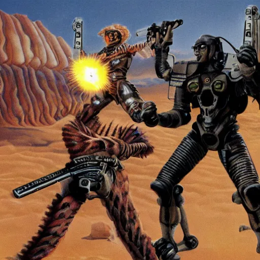 Image similar to cybernetic evil warzone bladed weapons razor projectiles humanoids goin stupid, desert scene