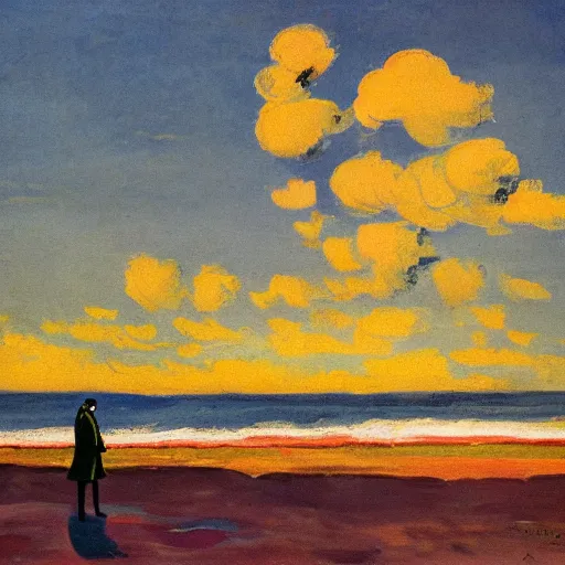 Prompt: a fauvist painting of a man holding his coat, on an empty beach at sunrise, long shadows,