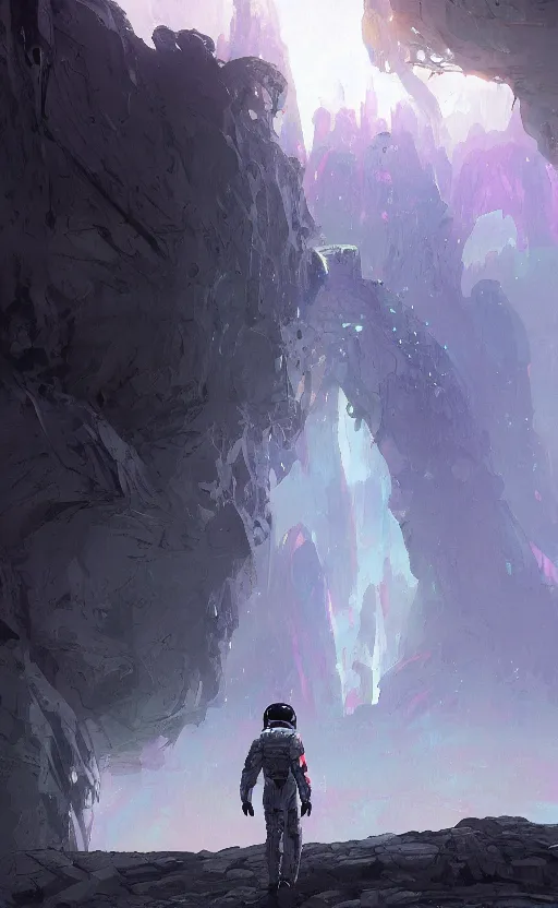 Prompt: a beautiful artwork illustration, concept art sketch of an astronaut in white futuristic cybernetic armor in front of a cave entrance, volumetric fog, godrays, high contrast, vibrant colors, vivid colors, high saturation, by Greg Rutkowski and Jesper Ejsing and Raymond Swanland and alena aenami, featured on artstation, wide angle, vertical orientation