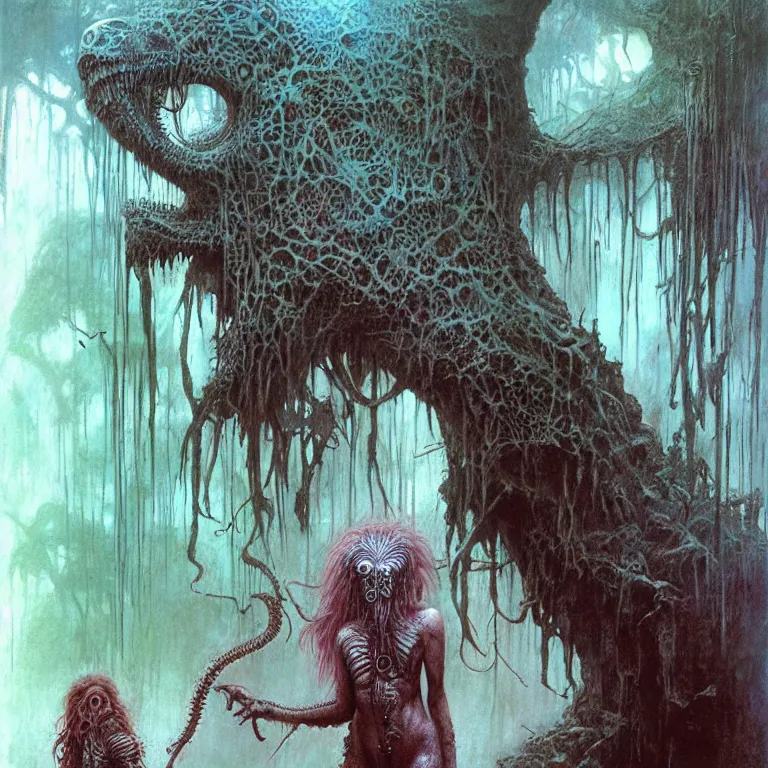 Image similar to cute young alyson hannigan with short hairs in lovecraftian jungles by luis royo and wayne barlowe, beksinski