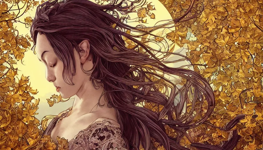 Image similar to golden leaves at frame border, moon, creative!!! composition for a book cover!!!, absurdly beautiful, ultrafine hyperrealistic detailed old!! witch face by wlop and artgerm and alphonse mucha, intricate linework, sharp focus, smooth, octopath traveler, final fantasy, unreal engine, dramatic lighting, ethereal, 8 k