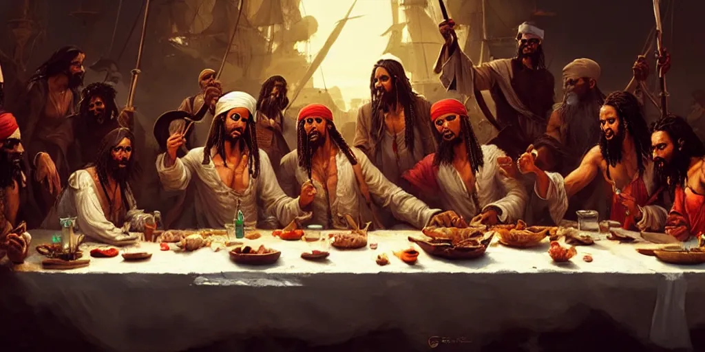 Image similar to pirate of the carribean last supper by greg rutkowski, digital painting, trending on artstation, sharp focus, 4 k