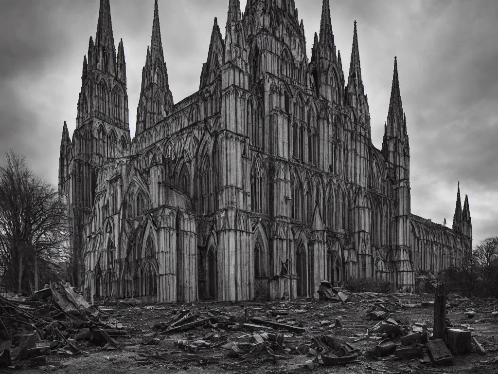 Prompt: Salisbury cathedral with a broken spire, post apocalyptic ruin, epic cinematography, dramatic lighting, fantasy art, trending on artstation