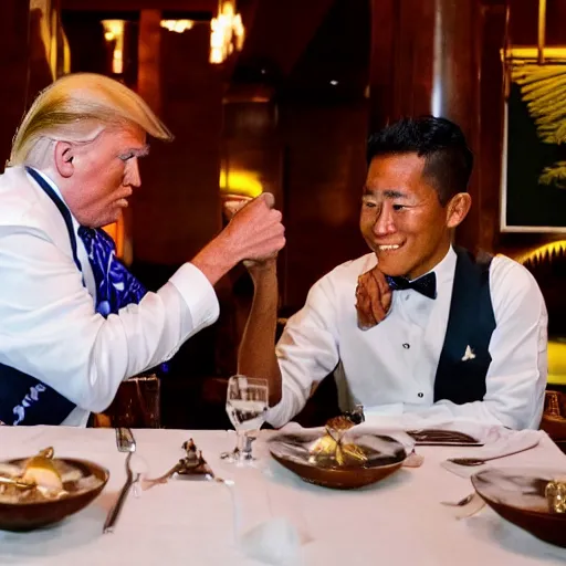 Prompt: donald Trump and joe Biden having dinner at a fancy Balinese restaurant, award winning photography, 85mm, perfect faces