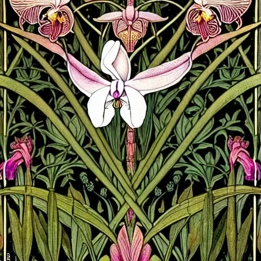 Image similar to potrait of an orchid mantis by William Morris, horizontal symmetry, exquisite fine details, Art Nouveau botanicals, deep rich moody colors