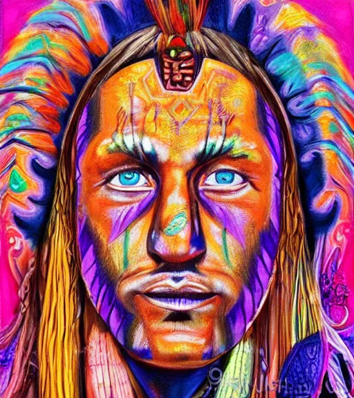 Image similar to Portrait painting in a style of Alex Grey of a shaman dressed in a colorful traditional clothes.