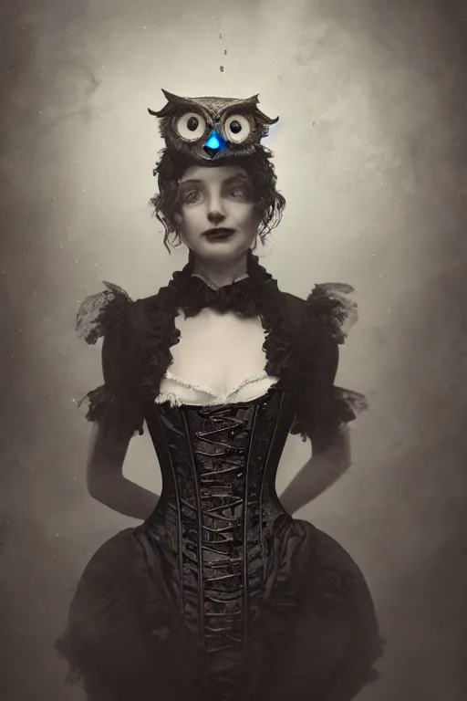 Image similar to wet plate photograph of an anthropomorphic owl dressed in a victorian - era corset dress, dramatic lighting, highly detailed, digital painting, artstation, concept art, smooth, sharp focus, illustration, art by wlop, mars ravelo and greg rutkowski