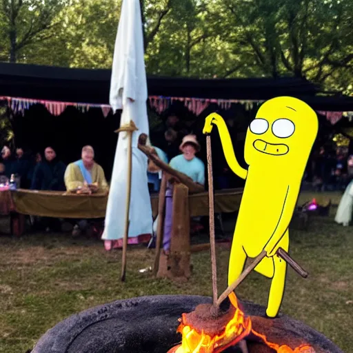 Image similar to lemongrab from adventure time being burned at the stake at a renaissance fair