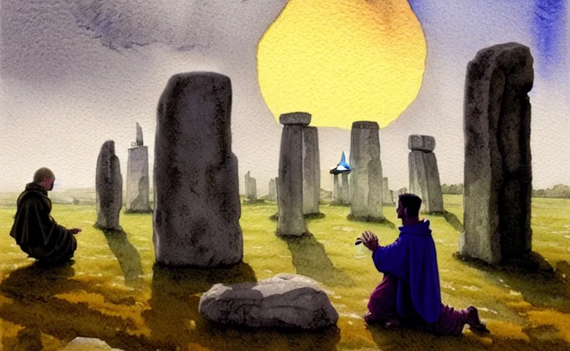 Image similar to a hyperrealist watercolour character concept art portrait of one small grey medieval monk and another giant orange medieval monk kneeling down in prayer in front of a complete stonehenge monument on a misty night. a huge stone is in the sky. by rebecca guay, michael kaluta, charles vess and jean moebius giraud