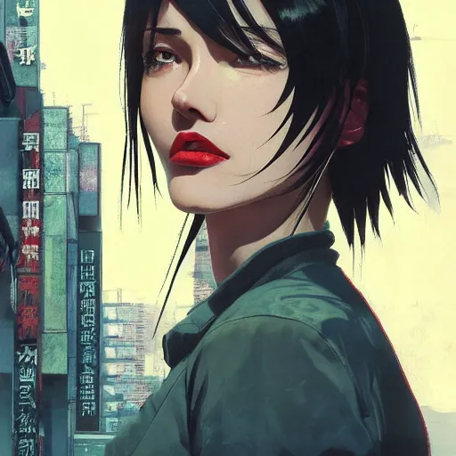 Image similar to concept art character, very high angle view, book cover, very attractive woman with full lips, walking in cyberpunk valley highly realistic, fine details, Anime, realistic shaded lighting by Ilya Kuvshinov katsuhiro otomo ghost-in-the-shell, magali villeneuve, artgerm, rutkowski, WLOP Jeremy Lipkin and Giuseppe Dangelico Pino, borderlands 3 style, Michael Garmash and Rob Rey book cover, extremely fine inking lines