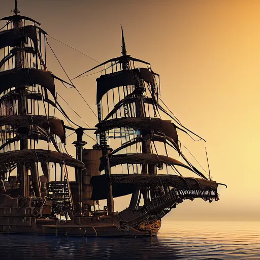 Image similar to an epic looking cyberpunk pirate ship, highly detailed digital art