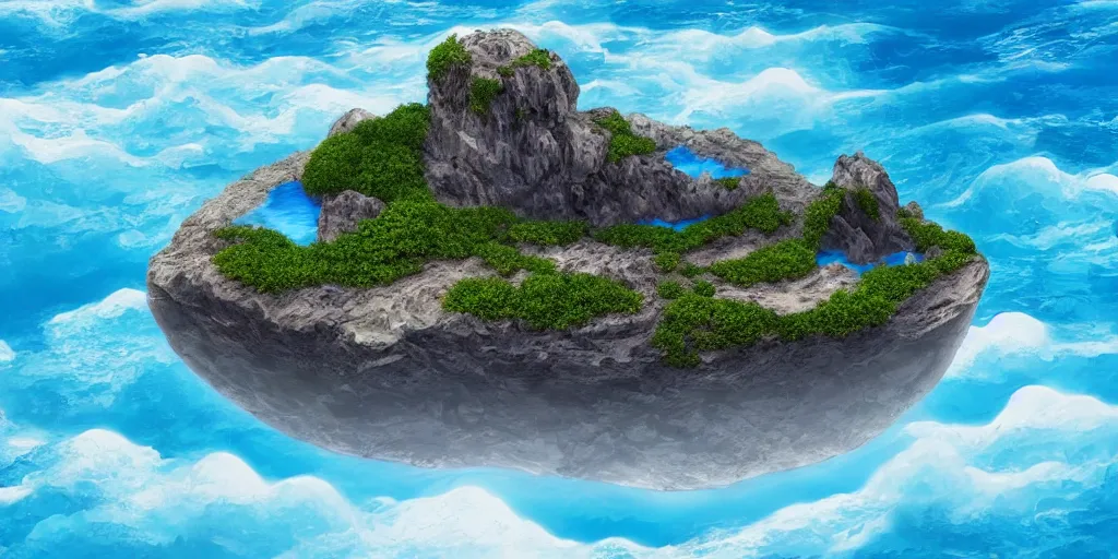 Prompt: Fantasy floating island over a blue ocean, art by Vincent Lou, 4K, HDR, detailed